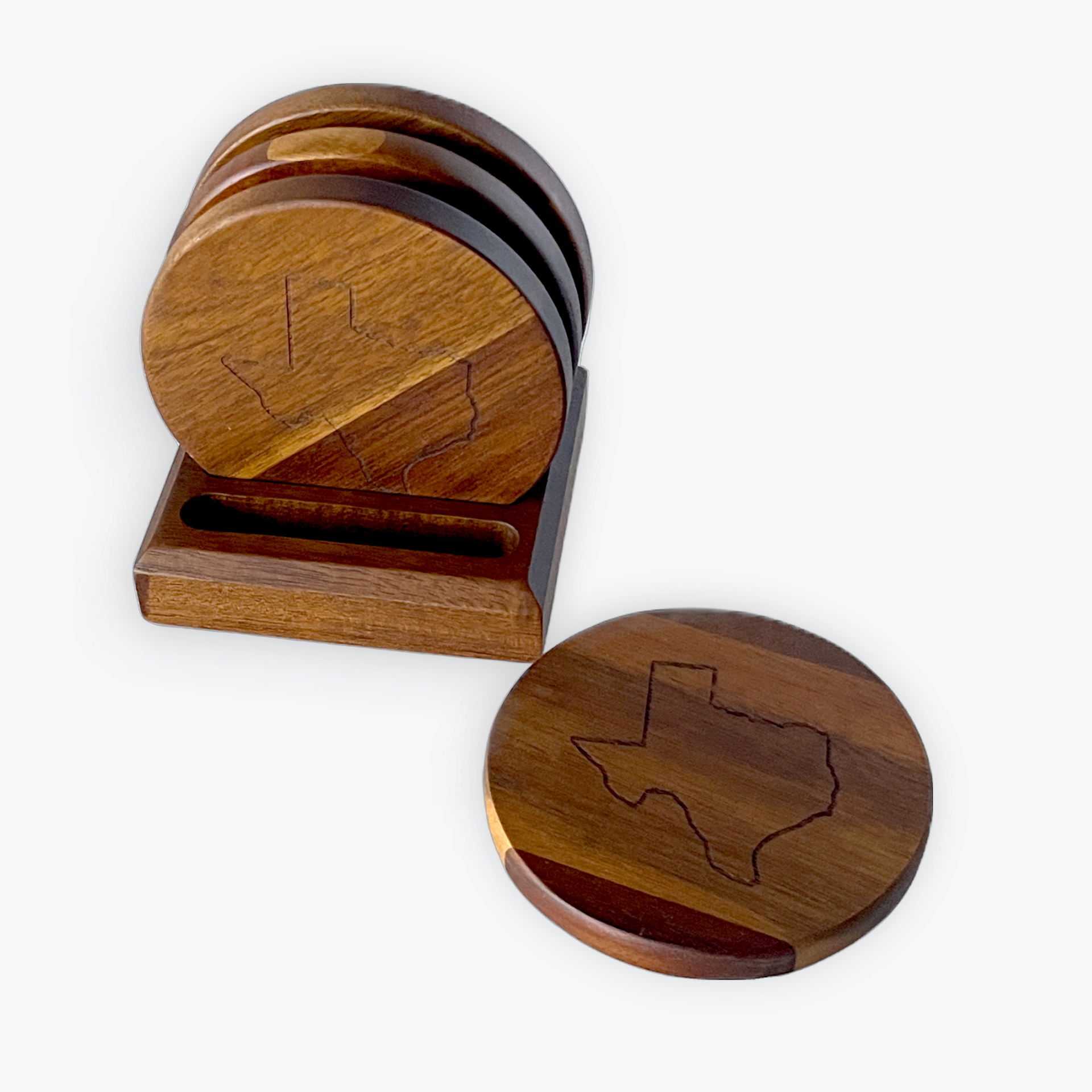 Acacia Wood Coasters Set with Square Stand - Texas Map Outline