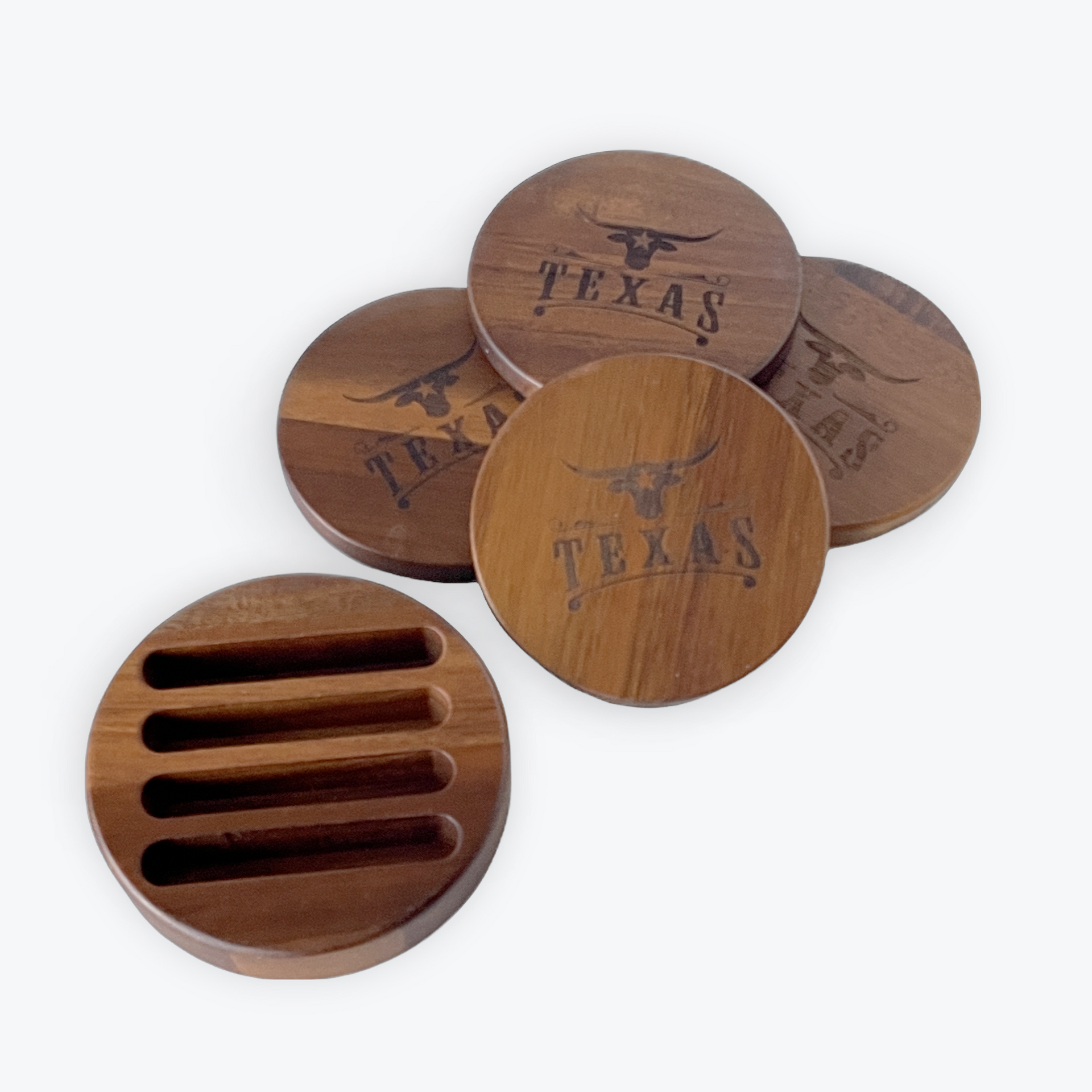 Acacia Wood Coasters Set with Round Stand - Texas Longhorn Brand
