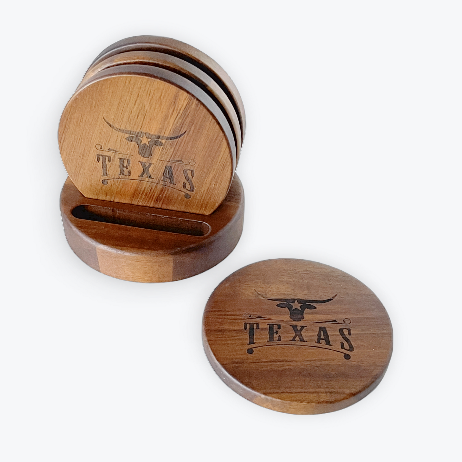 Acacia Wood Coasters Set with Round Stand - Texas Longhorn Brand