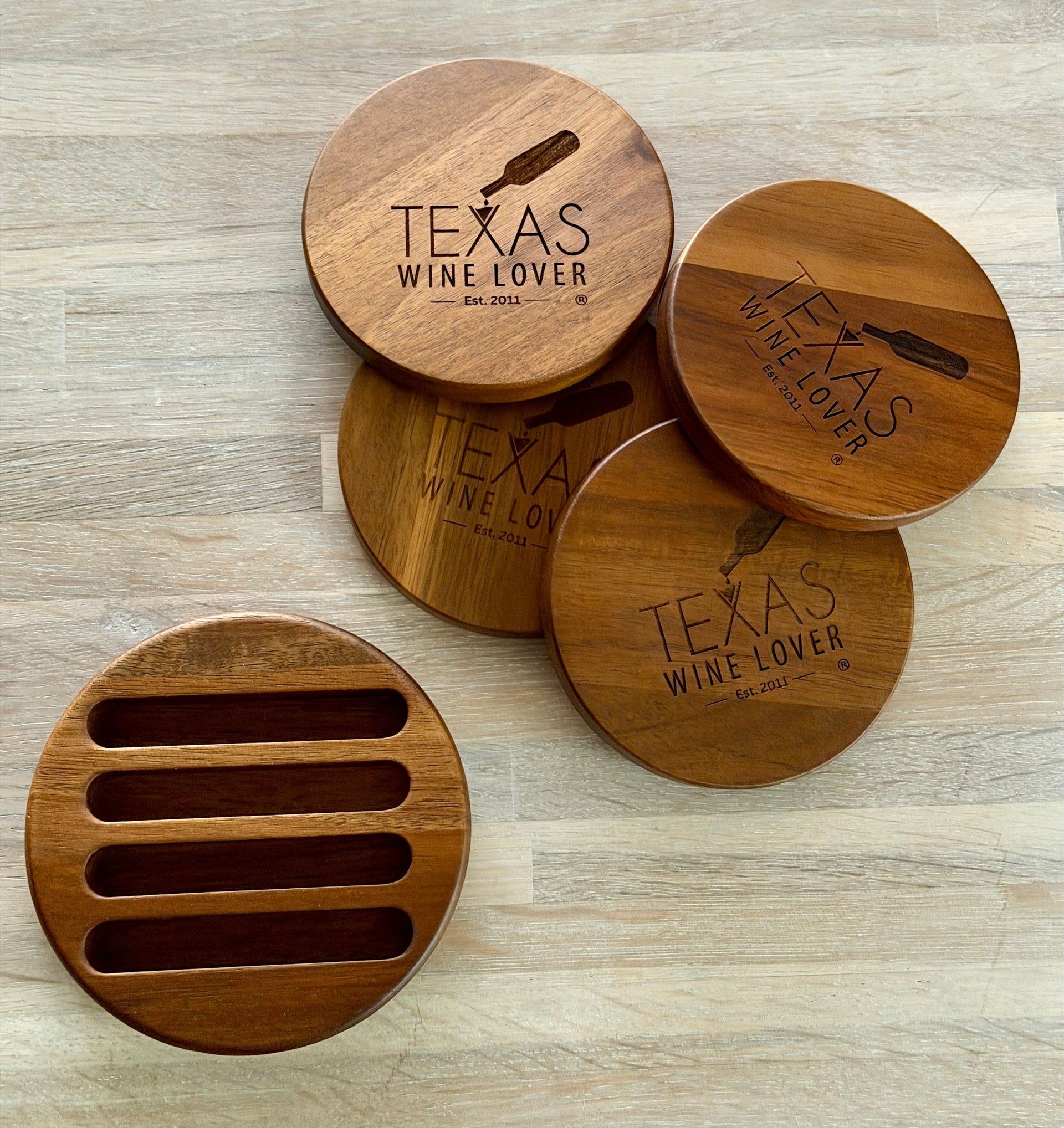 Acacia Wood Coasters Set with Round Stand - Texas Wine Lover
