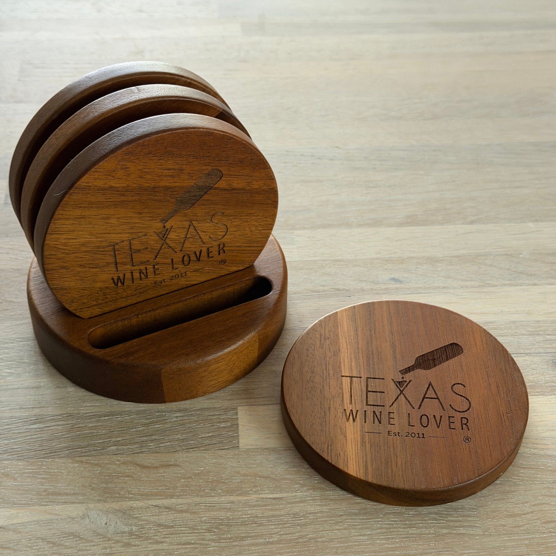 Acacia Wood Coasters Set with Round Stand - Texas Wine Lover