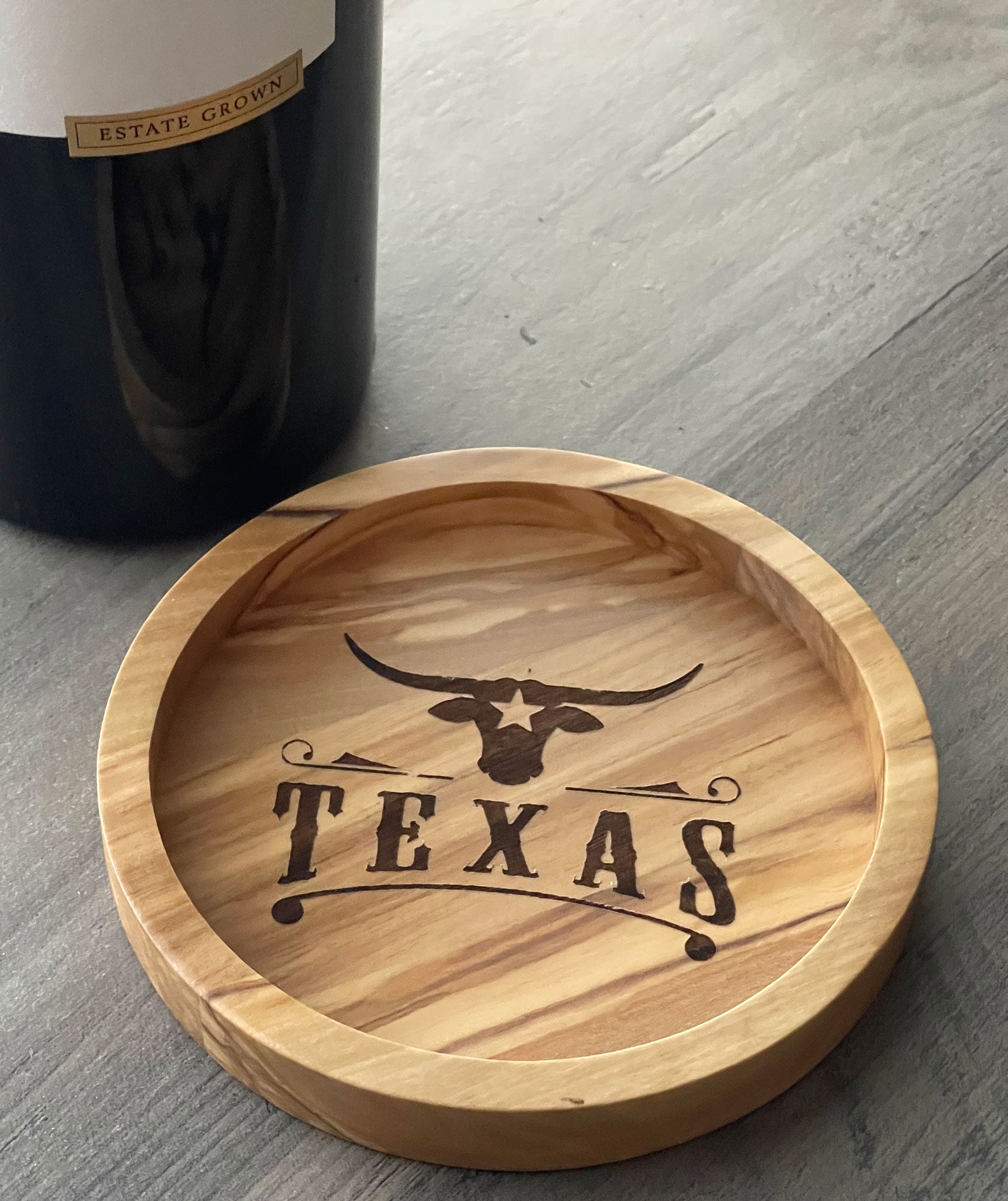 Olive Wood Bottle Coaster - Texas Longhorn Brand